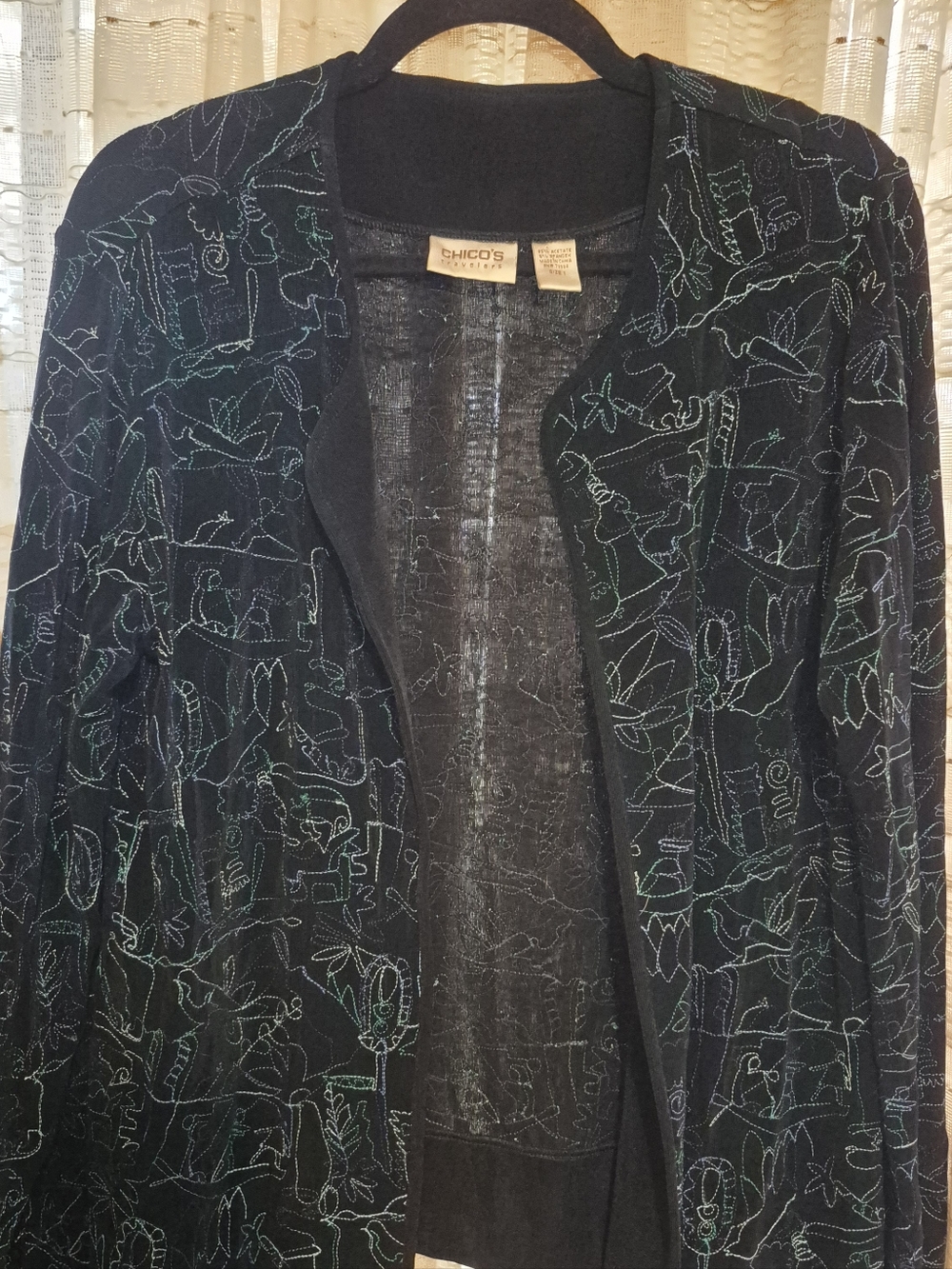 Chico's Black Open-Front Travelers Cardigan with Green & Teal Embroidery